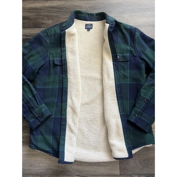 J. Crew Other - J Crew Flannel Shirt Jacket Shacket Sherpa Lined Mens Sz L Blue Green Gorpcore